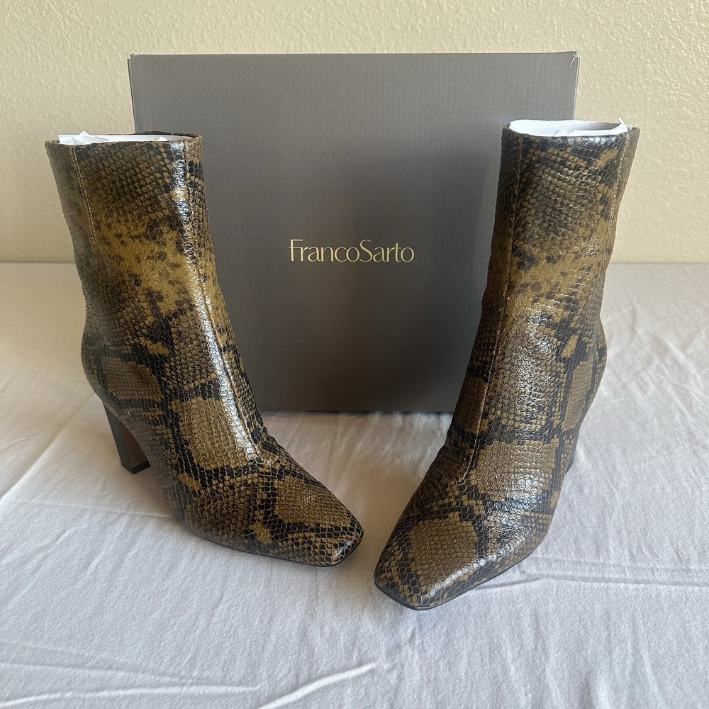 Franco‎ Sarto Briar Snakeskin Leather Square Toe Taupe Booties Size 5 NEW In Box